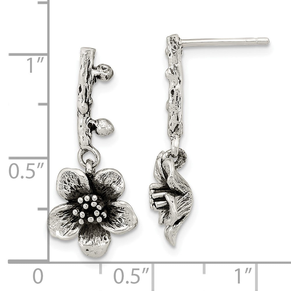 Sterlingsilber Oxidiert Blume mit Branch Hängend Ohrstecker