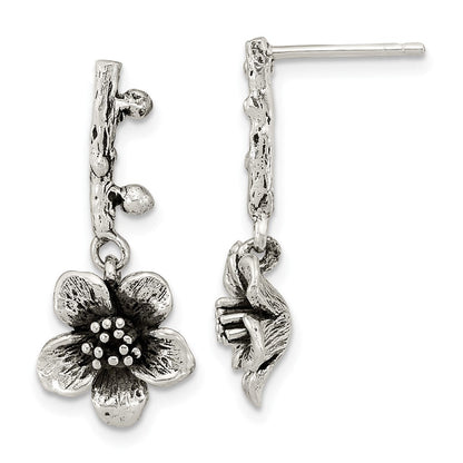 Sterlingsilber Oxidiert Blume mit Branch Hängend Ohrstecker