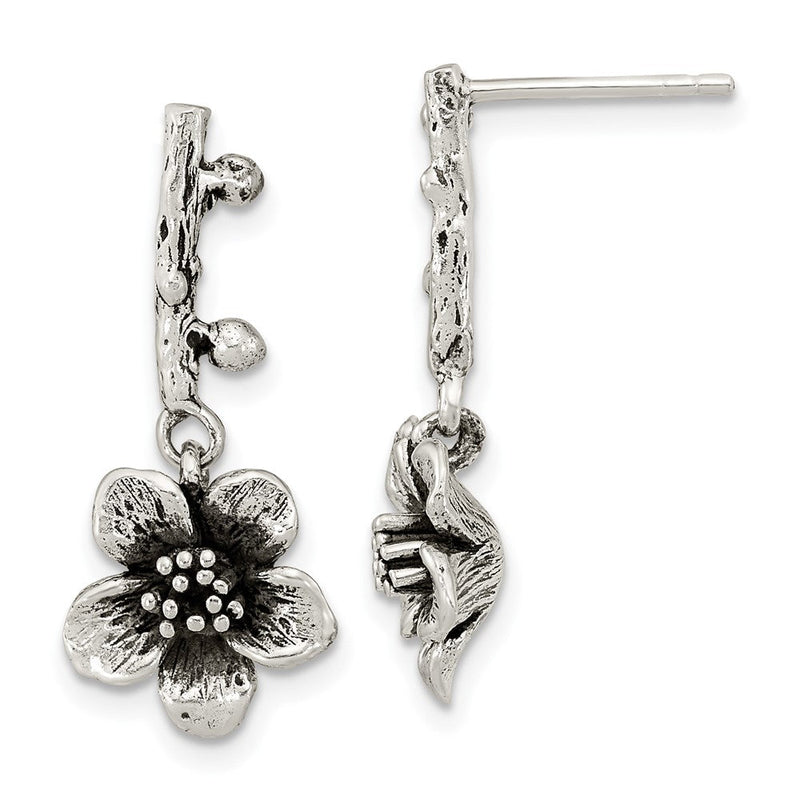Sterlingsilber Oxidiert Blume mit Branch Hängend Ohrstecker