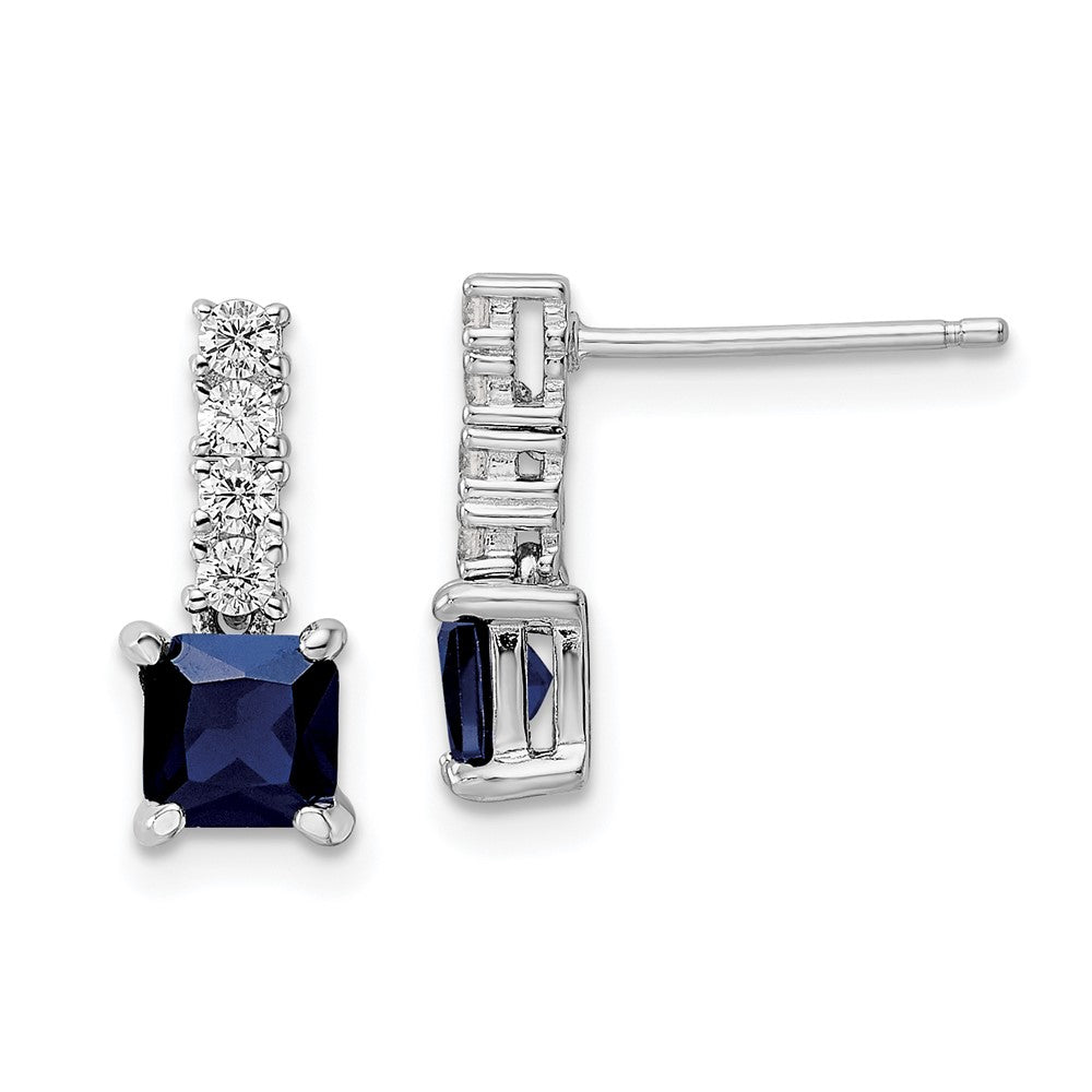 Sterlingsilber Poliert Rhodium Cr. Blau Spinell und Zirkonia Stecker Hängend Ohrring