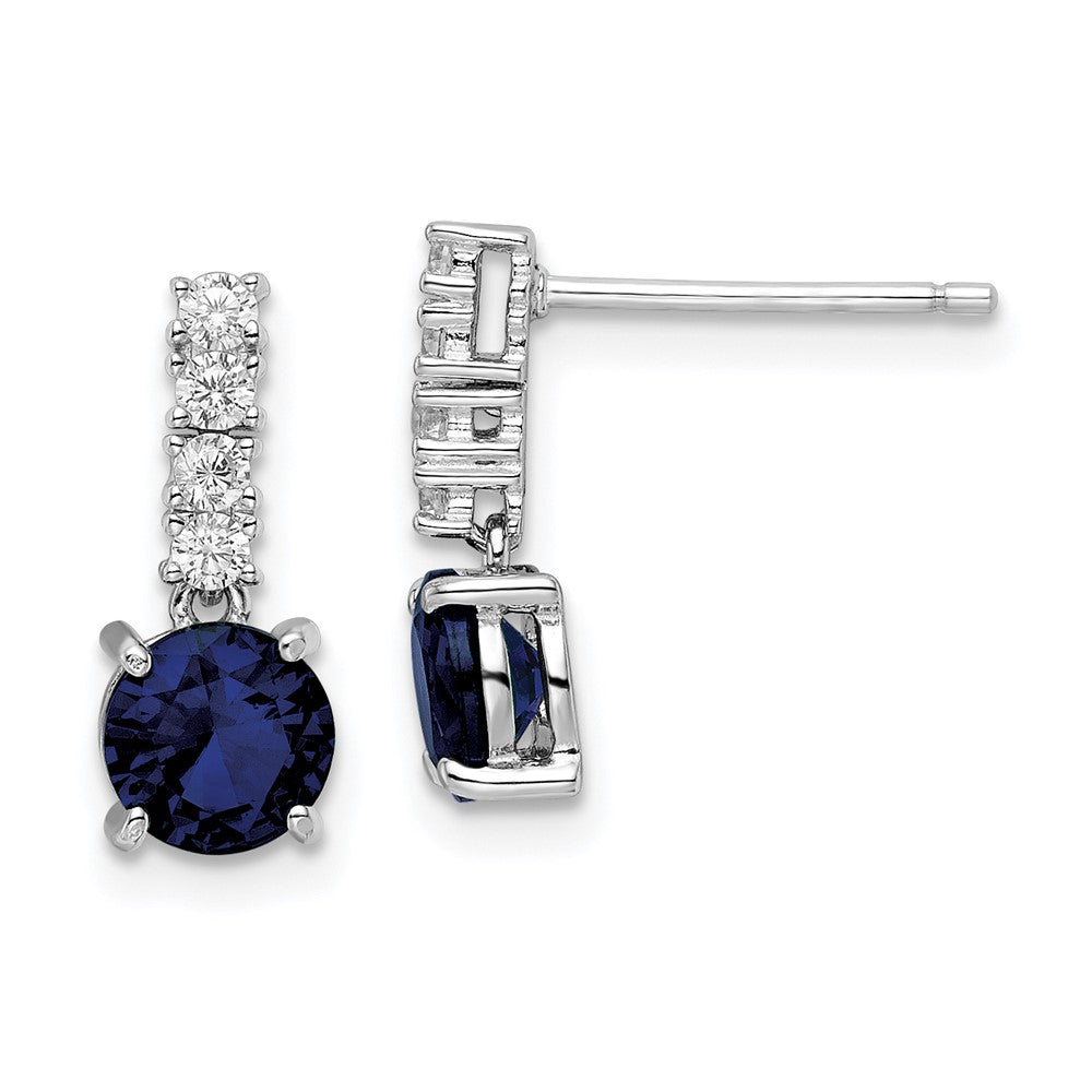 Sterlingsilber Poliert Rhodium Cr. Blau Spinell und Zirkonia Stecker Hängend Ohrring