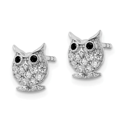 Sterlingsilber Rhodiniert Schwarz & Weiß Zirkonia Eule Ohrstecker