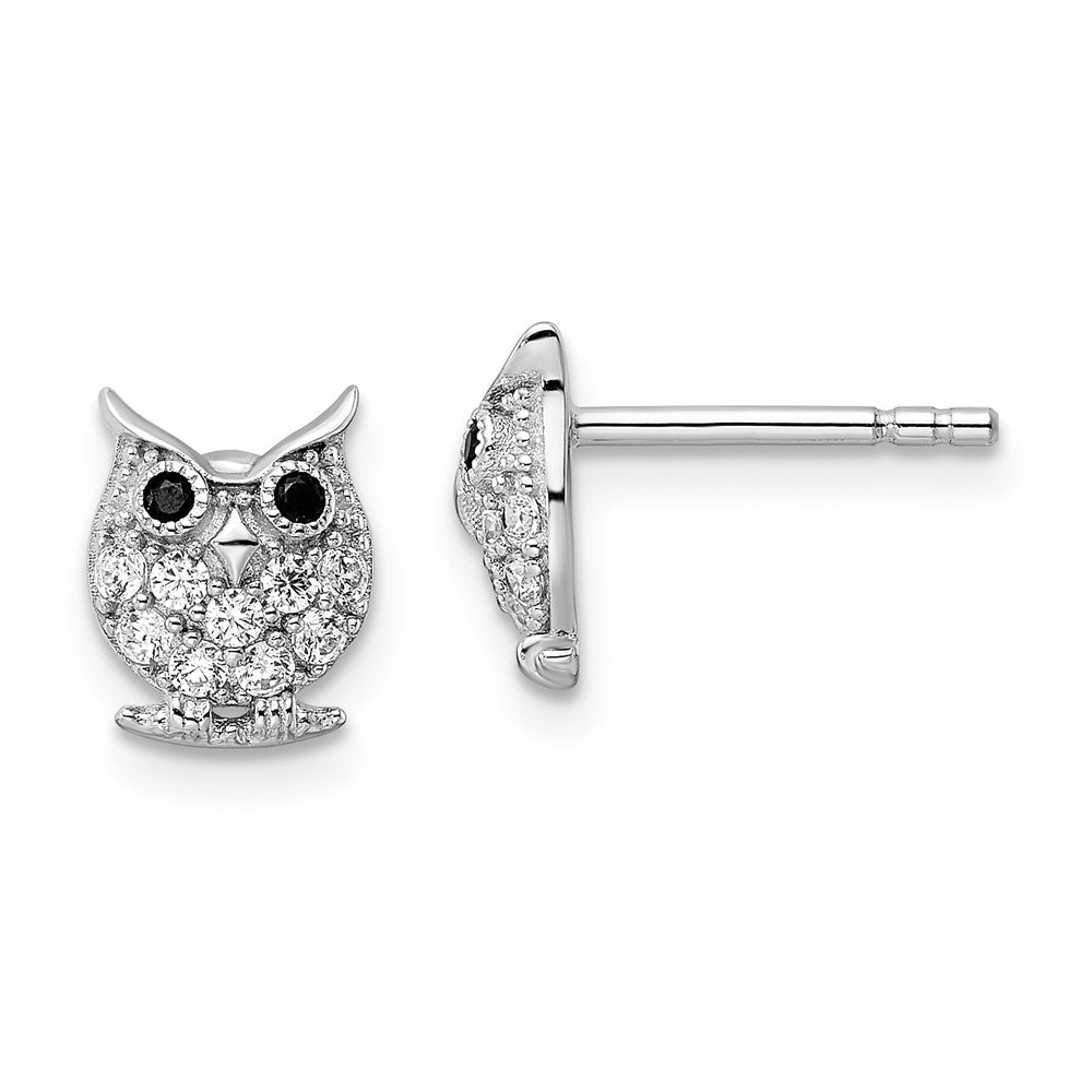 Sterlingsilber Rhodiniert Schwarz & Weiß Zirkonia Eule Ohrstecker