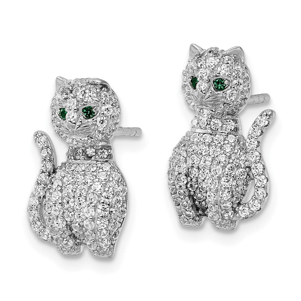 Sterlingsilber Rhodiniert Poliert Grün & Weiß Zirkonia Katze Ohrstecker