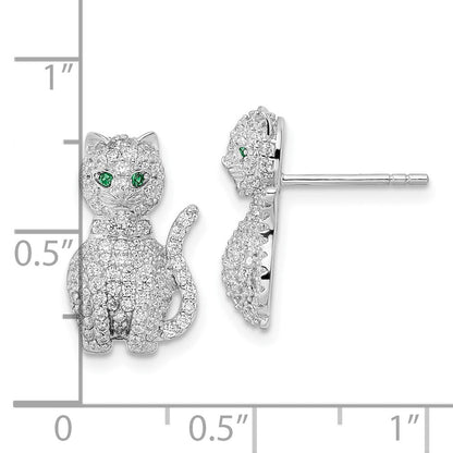 Sterlingsilber Rhodiniert Poliert Grün & Weiß Zirkonia Katze Ohrstecker