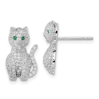 Sterlingsilber Rhodiniert Poliert Grün & Weiß Zirkonia Katze Ohrstecker