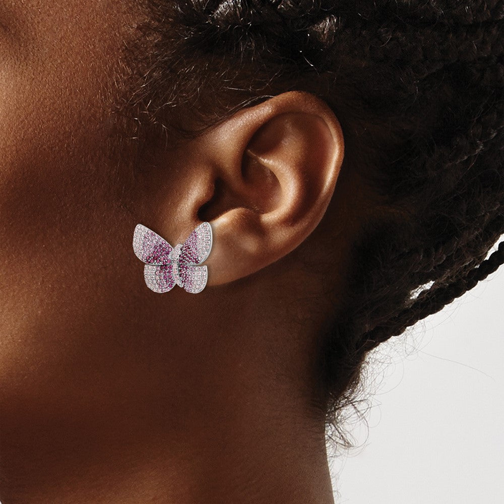 Sterlingsilber Rhodiniert Poliert Rosa Zirkonia Schmetterling Ohrstecker