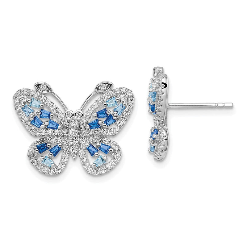 Sterlingsilber Rhodiniert Poliert Licht und Dunkel Blau Zirkonia mit Klar Schmetterling Ohrstecker