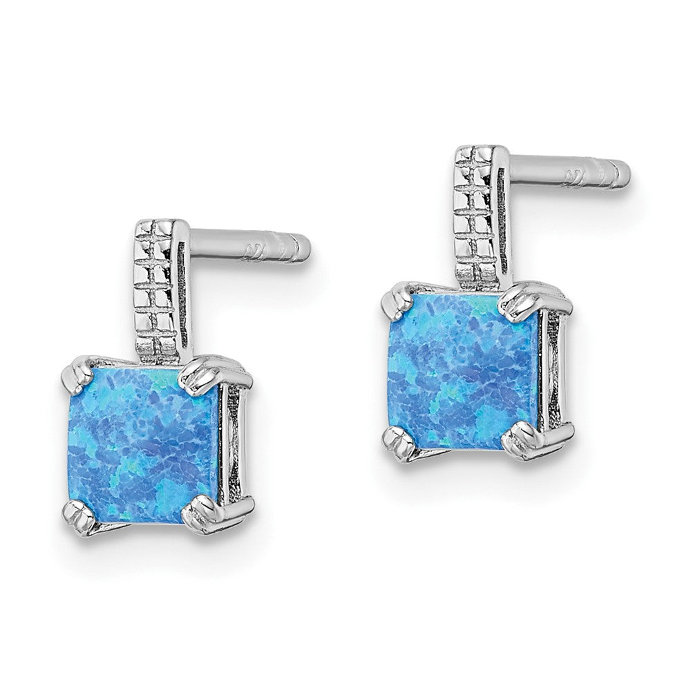 Sterlingsilber Rhodiniert Quadratisch Blau Erzeugt Opal Ohrstecker