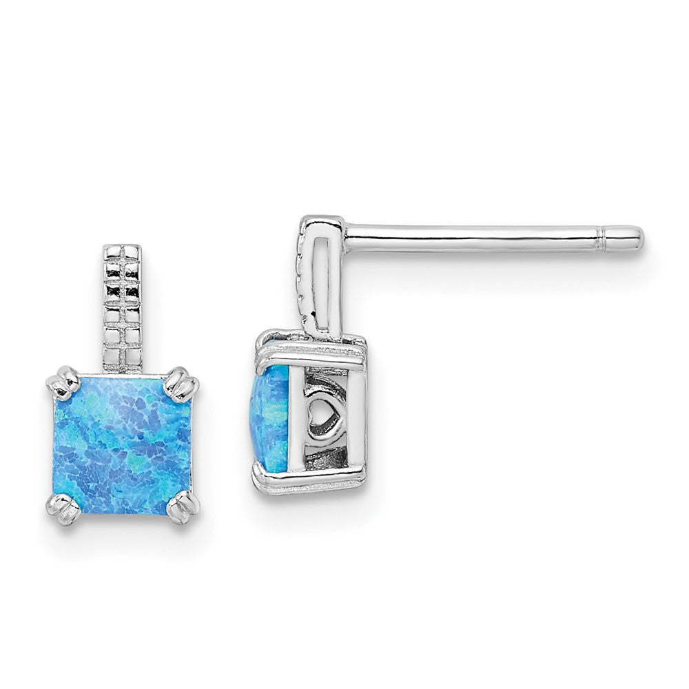 Sterlingsilber Rhodiniert Quadratisch Blau Erzeugt Opal Ohrstecker