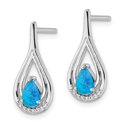 Sterlingsilber Rhodiniert Tropfen Form Blau Erzeugt Opal Zirkonia Ohrstecker