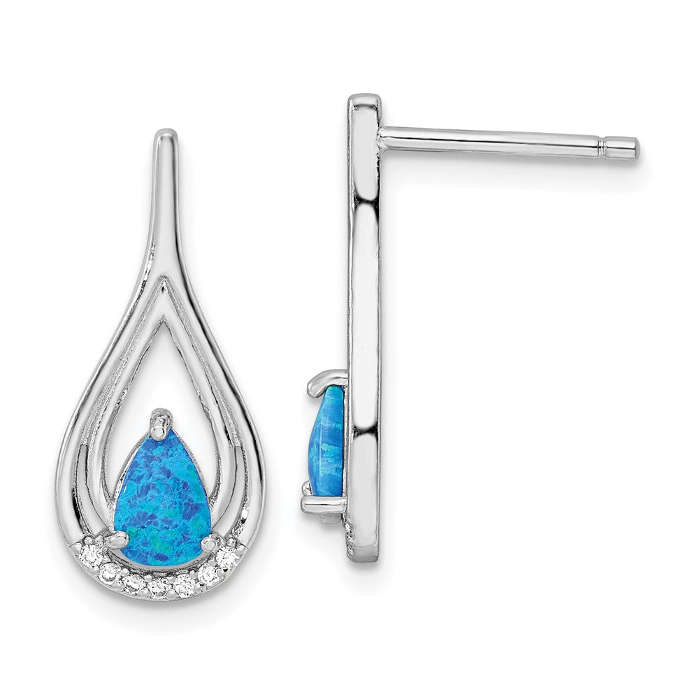Sterlingsilber Rhodiniert Tropfen Form Blau Erzeugt Opal Zirkonia Ohrstecker