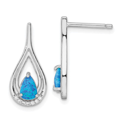 Sterlingsilber Rhodiniert Tropfen Form Blau Erzeugt Opal Zirkonia Ohrstecker