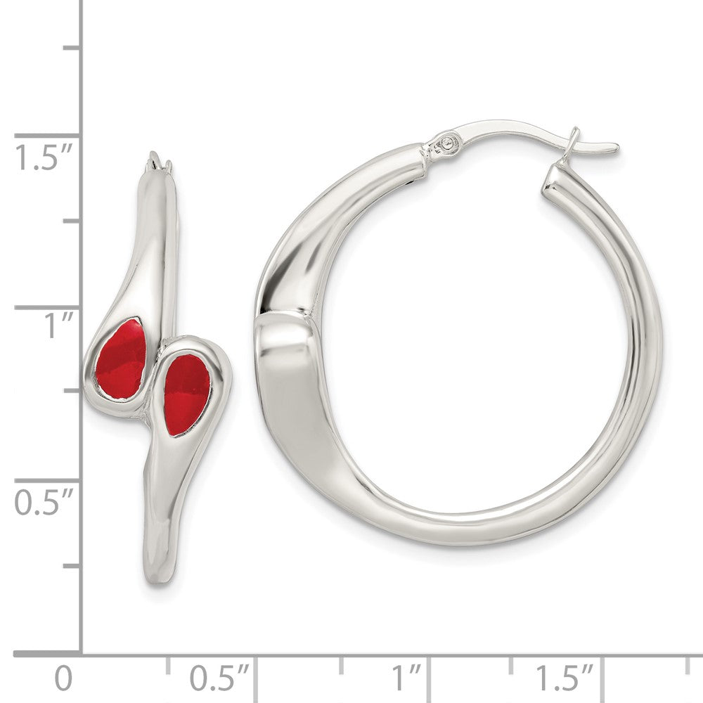 Sterlingsilber Poliert Rot Emailliert Bypass Kreis Creolen