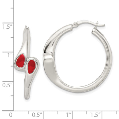 Sterlingsilber Poliert Rot Emailliert Bypass Kreis Creolen
