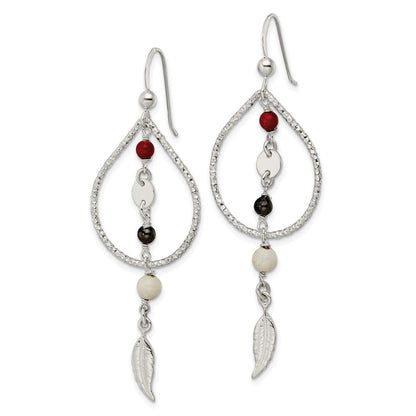 Sterlingsilber Diamantiert Rot Schwarz & Ivory Coral Feder Ohrhänger