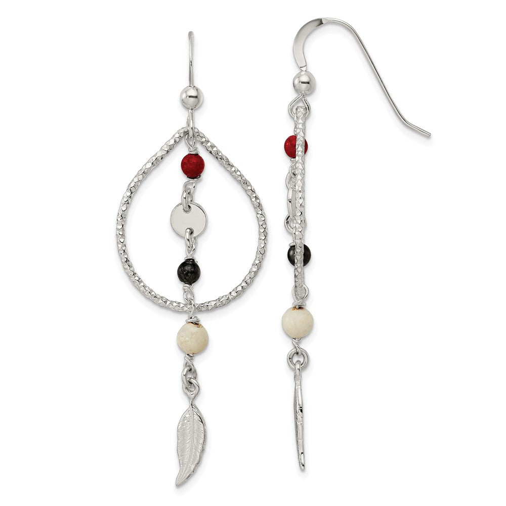 Sterlingsilber Diamantiert Rot Schwarz & Ivory Coral Feder Ohrhänger
