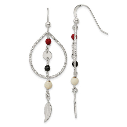Sterlingsilber Diamantiert Rot Schwarz & Ivory Coral Feder Ohrhänger
