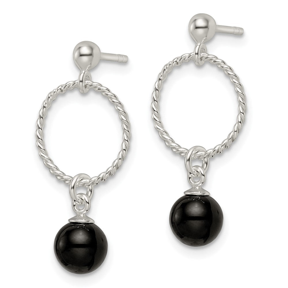 Sterlingsilber Poliert Onyx in Kreis Hängend Ohrstecker