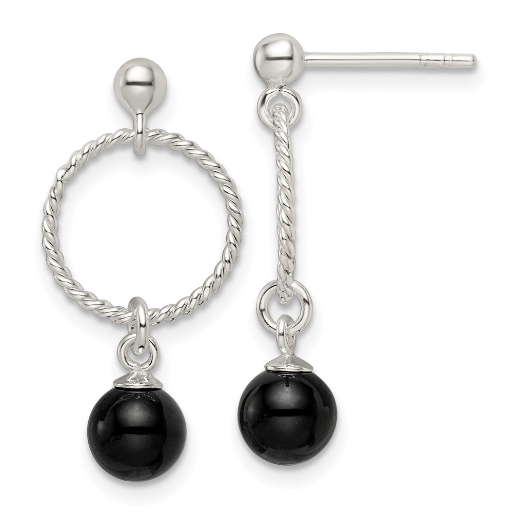 Sterlingsilber Poliert Onyx in Kreis Hängend Ohrstecker