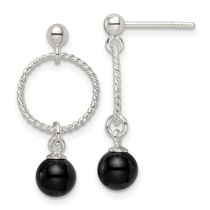 Sterlingsilber Poliert Onyx in Kreis Hängend Ohrstecker
