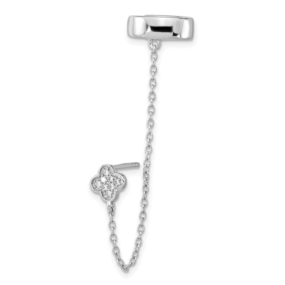 Sterlingsilber Rhodiniert Zirkonia Blume mit 2inch Kette Einfach Stecker & Manschette Earr