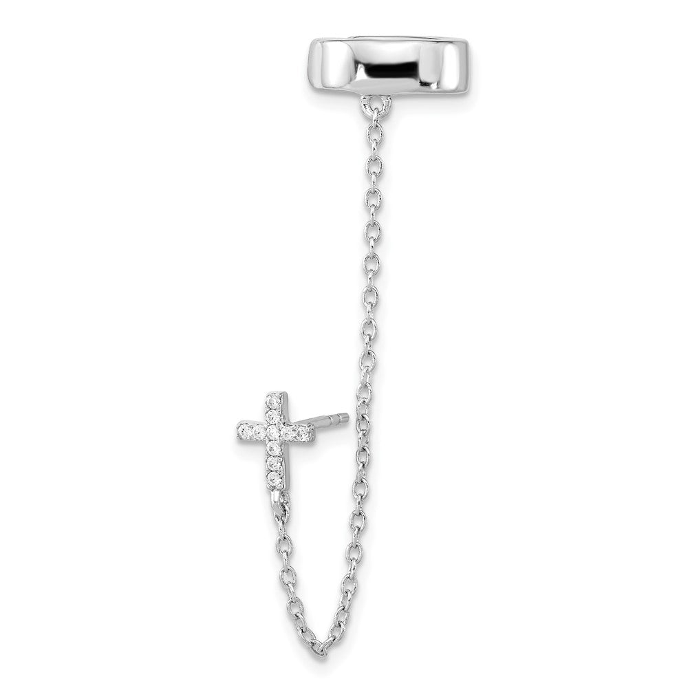 Sterlingsilber Rhodiniert Zirkonia Kreuz mit 2 Zoll Kette Einfach Stecker & Manschette Earrin