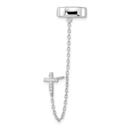 Sterlingsilber Rhodiniert Zirkonia Kreuz mit 2 Zoll Kette Einfach Stecker & Manschette Earrin