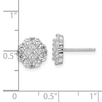 Sterlingsilber Rhodiniert Poliert Zirkonia Cluster Blume Ohrstecker