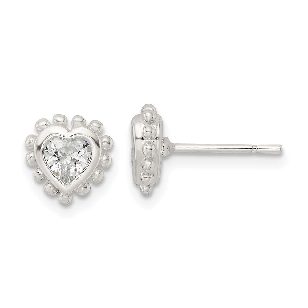 Sterlingsilber Poliert & Gekugelt Kante Herz Zirkonia Ohrstecker