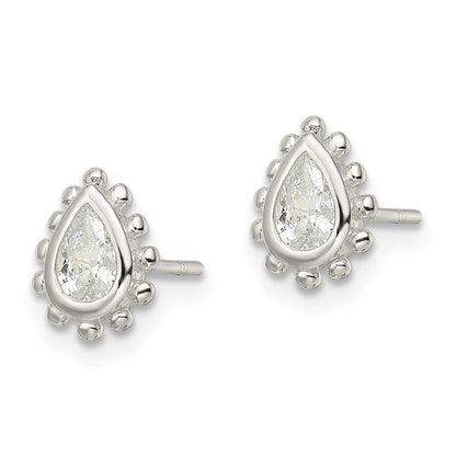Sterlingsilber Poliert & Gekugelt Kante Tropfen Zirkonia Ohrstecker