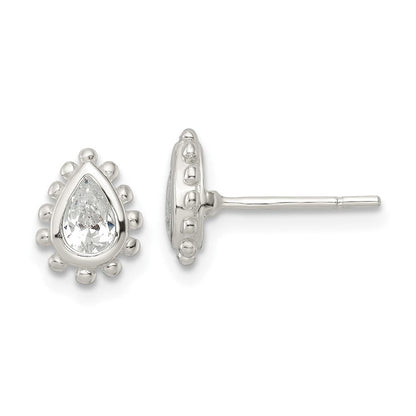 Sterlingsilber Poliert & Gekugelt Kante Tropfen Zirkonia Ohrstecker
