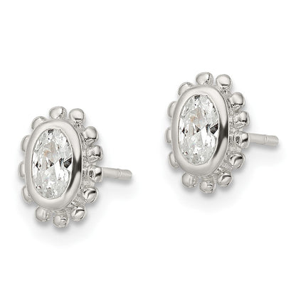 Sterlingsilber Poliert & Gekugelt Kante Oval Zirkonia Ohrstecker