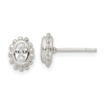 Sterlingsilber Poliert & Gekugelt Kante Oval Zirkonia Ohrstecker