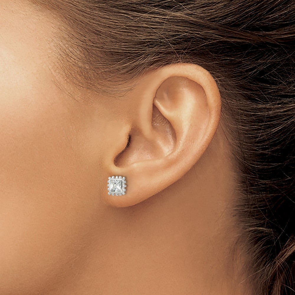 Sterlingsilber Poliert & Gekugelt Kante Quadratisch Zirkonia Ohrstecker