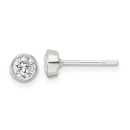 Sterlingsilber Poliert 4mm Rund Zirkonia Zargenfassung Set Ohrstecker