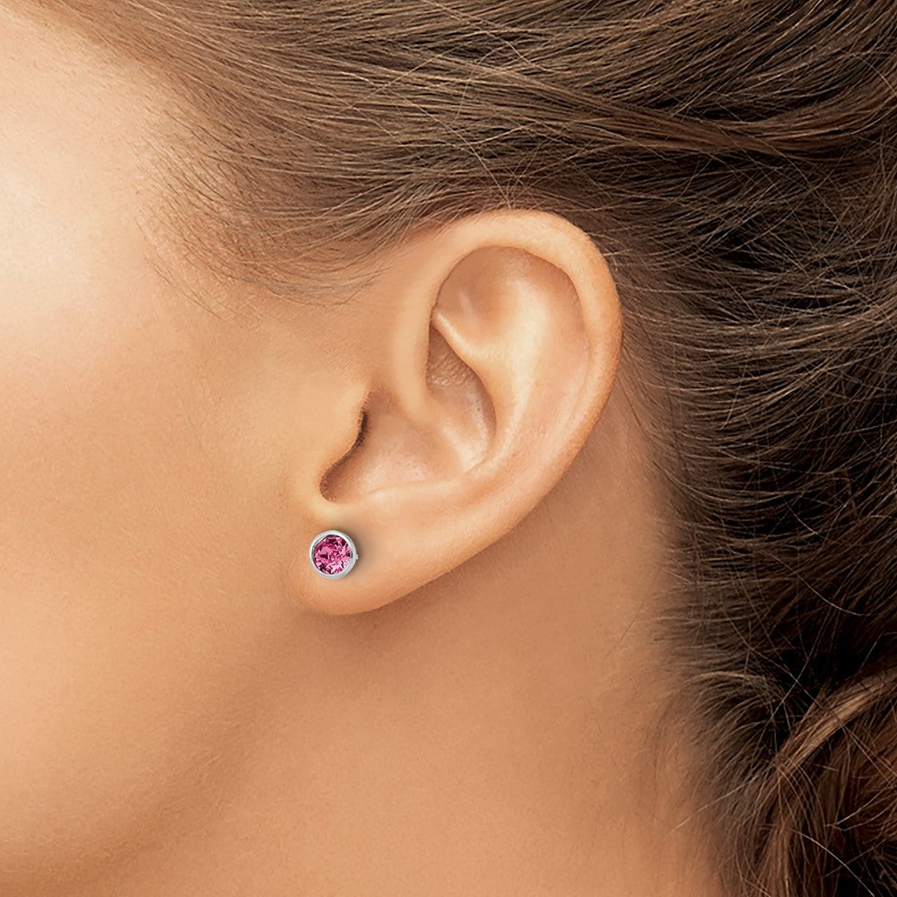 Sterlingsilber Rhodiniert Poliert 5mm Rosa Kristall Zargenfassung Ohrstecker