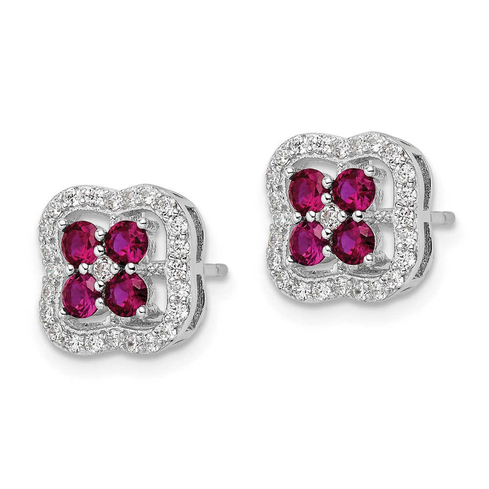 Sterlingsilber Rhodiniert Erzeugt Rubin und Zirkonia Klee Ohrstecker