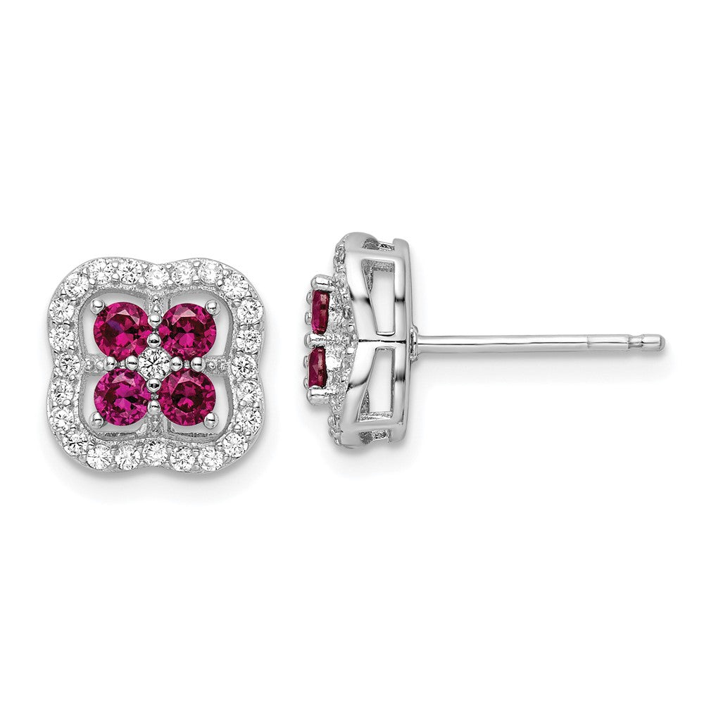 Sterlingsilber Rhodiniert Erzeugt Rubin und Zirkonia Klee Ohrstecker