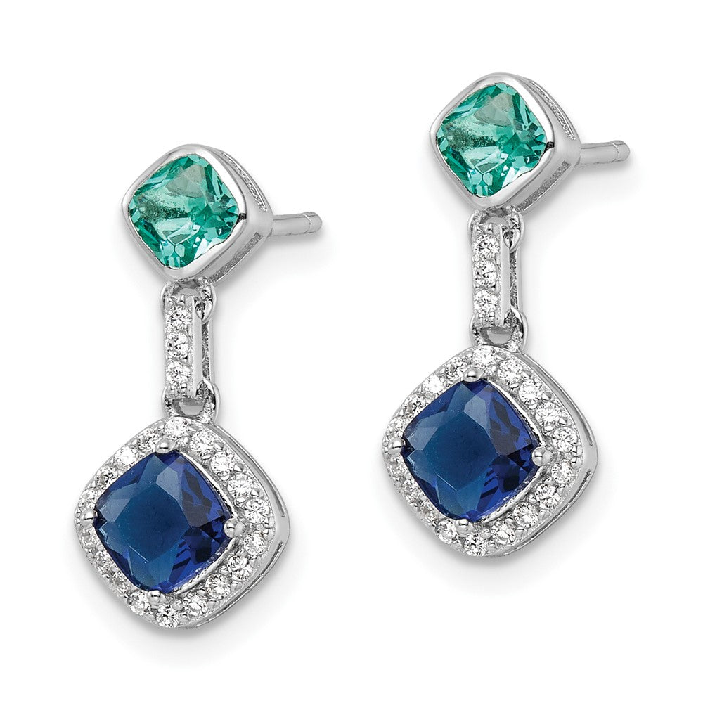 Sterlingsilber Rhodiniert Poliert Zirkonia & Blau Glas Stecker Ohrhänger