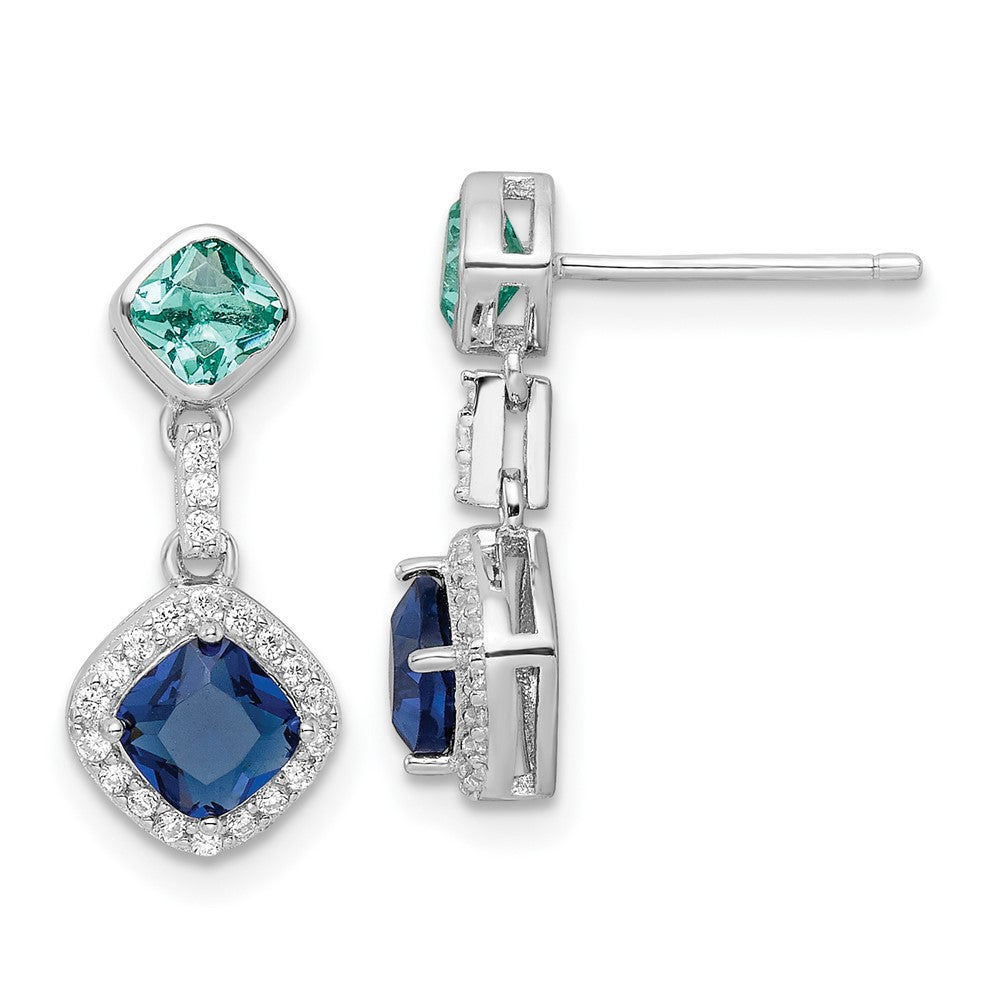 Sterlingsilber Rhodiniert Poliert Zirkonia & Blau Glas Stecker Ohrhänger
