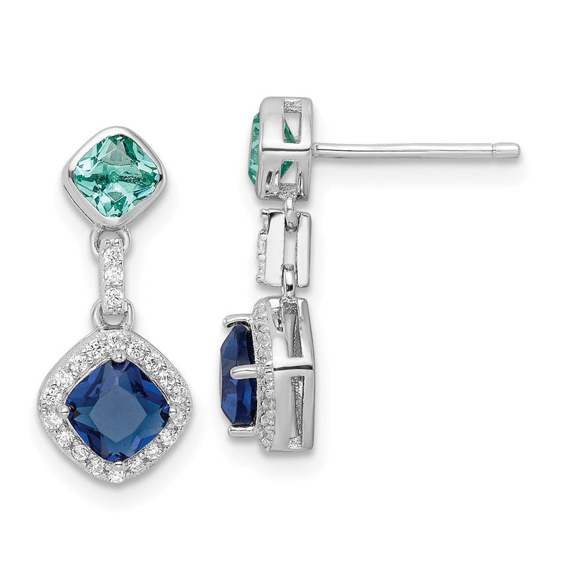 Sterlingsilber Rhodiniert Poliert Zirkonia & Blau Glas Stecker Ohrhänger
