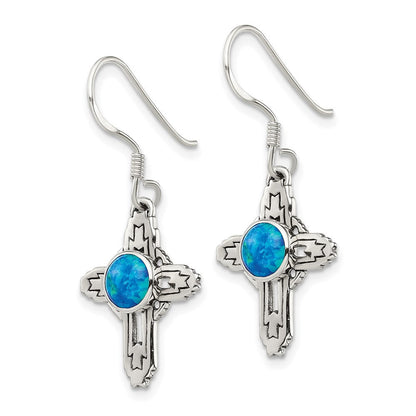 Sterlingsilber Poliert & Antikisiert Blau Erzeugt Opal Kreuz Ohrhänger