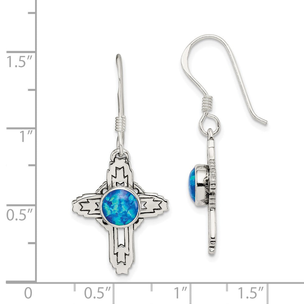 Sterlingsilber Poliert & Antikisiert Blau Erzeugt Opal Kreuz Ohrhänger