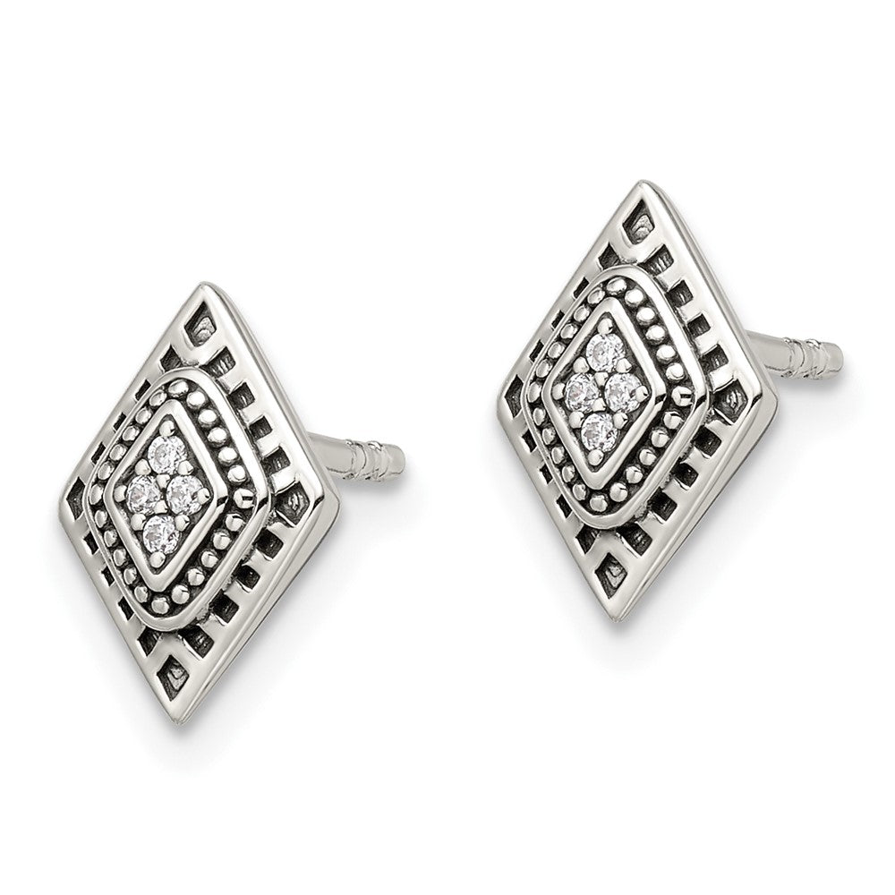 Sterlingsilber Poliert & Antikisiert Zirkonia Diamant-shape Ohrstecker