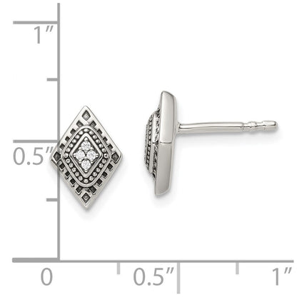 Sterlingsilber Poliert & Antikisiert Zirkonia Diamant-shape Ohrstecker