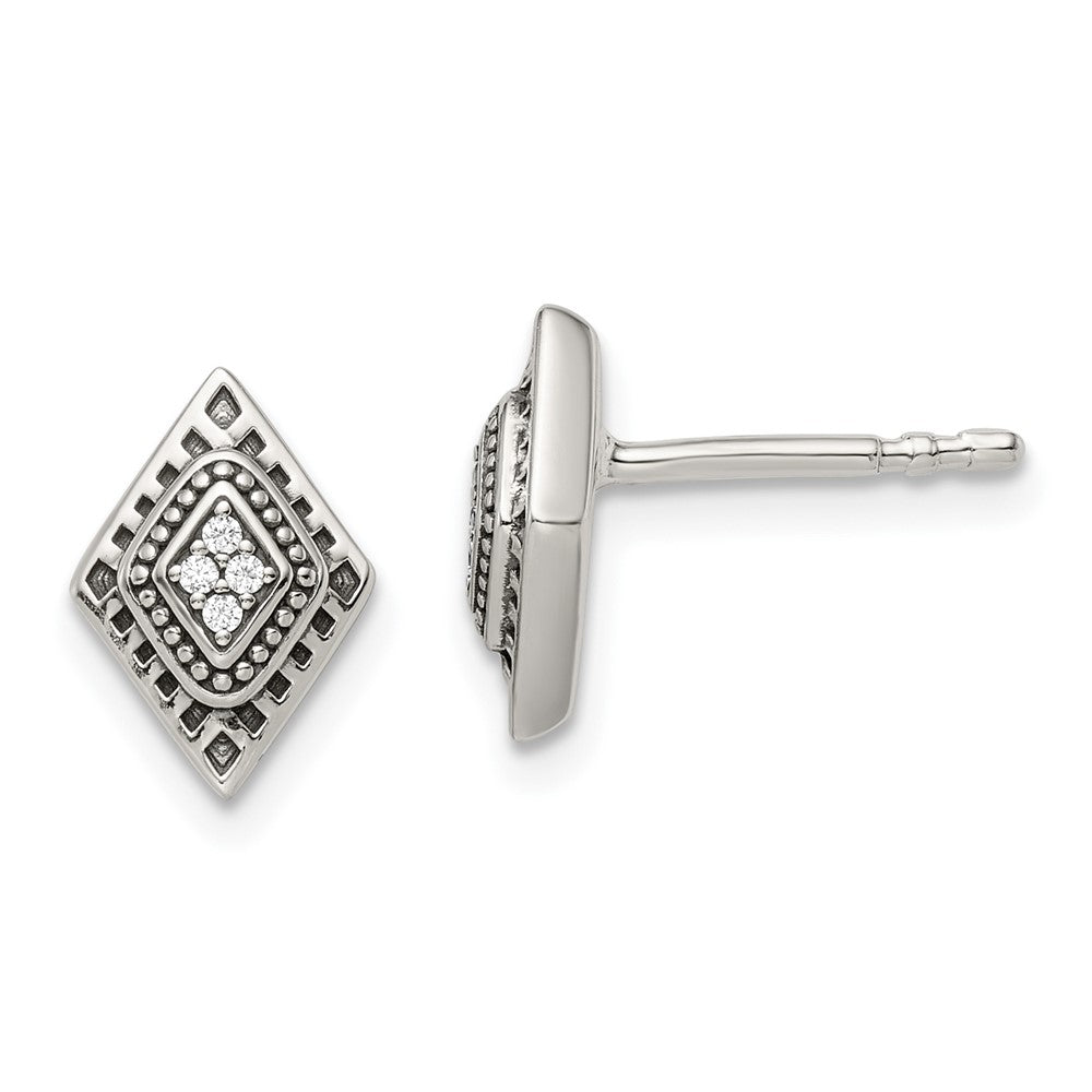 Sterlingsilber Poliert & Antikisiert Zirkonia Diamant-shape Ohrstecker