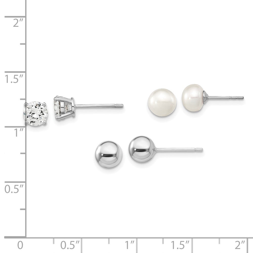 Sterlingsilber Rhodiniert-pl Kugel/ 6-7mm Knopf Fwc Perle/cz Ohrstecker Ohr Set
