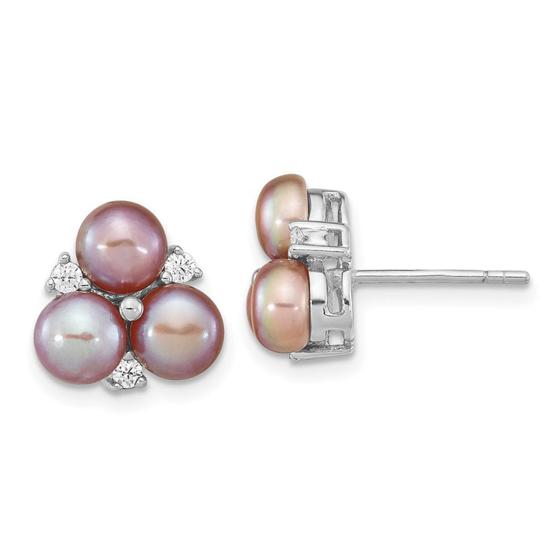 Sterlingsilber Rhodiniert 5-6mm Lila Knopf Süßwasser Zuchtperle und Zirkonia Cluster Ohrstecker