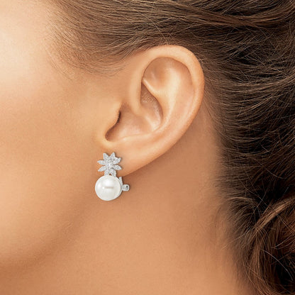 Sterlingsilber Imitat Muschel Perle und Zirkonia Blumen Omega Rückseite Ohrringe